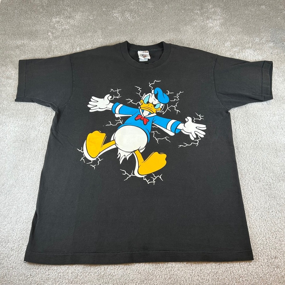 Vintage 90s Disney Donald Duck Lightning Graphic Big Face T-Shirt Black USA XL